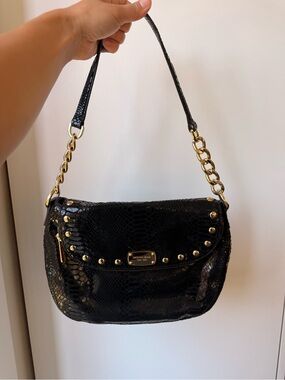 Michael Kors Black Python-Embossed Shoulder Bag with Gold Hardware